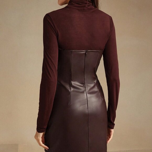 Burgundy Elegant Women's Semi-Sheer Long Sleeve Elastic Crew Neck Blouse - Picture 2 of 5